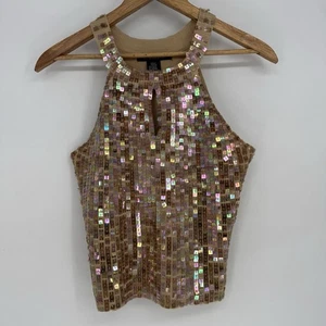 Y2K Pailletten Pullover Neckholder Oberteil ärmellos Damen Medium Schlüsselloch hellbraun beige  - Bild 1 von 7