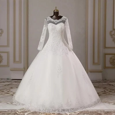 Customized Elegant A-line Long Sleeve Wedding Dress Lace Appliques Bride Gowns - Image 1 of 4