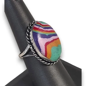 Lady's Rainbow Calsilica 925 Sterling Ring Size 9 Handcrafted - Picture 1 of 4