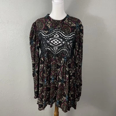 Vestido Free People $128 Sweet Thing Talla M Negro Multi Crochet Mini Túnica Boho Foto 1 de 4