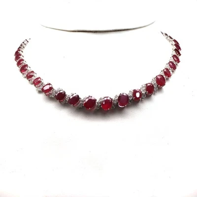 925 Silber Handgemacht 9 x 11 Mm. Roter Rubin & Weiß Zirkonia Halskette 43.2cm - Bild 1 von 4