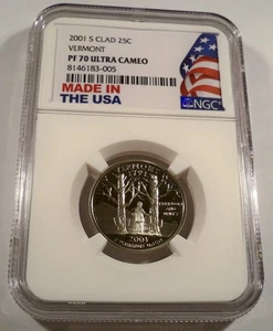 2001-S 25c CLAD NGC PF70UCAM VERMONT QUARTER PROOF ULTRA CAMEO PR 70 VT - Picture 1 of 4