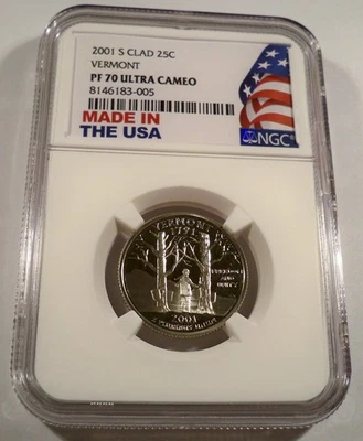2001-S 25c CLAD NGC PF70UCAM VERMONT QUARTER PROOF ULTRA CAMEO PR 70 VT - Image 1 of 4