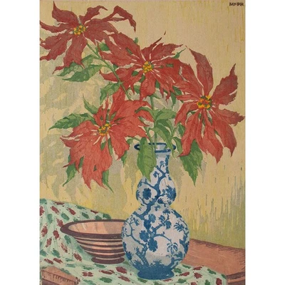 Martin Erich Philipp Farbholzschnitt Weihnachtsstern Blumenstillleben signiert - Bild 1 von 4