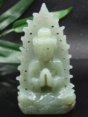 Old China Natural hetian Jade hand carved statue of buddha guan yin pendant — 第 1/4 张图片