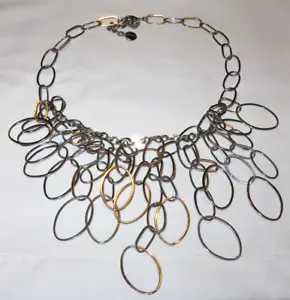 Collar babero de eslabones de cadena ovalados de plata vintage firmado T - Imagen 1 de 7