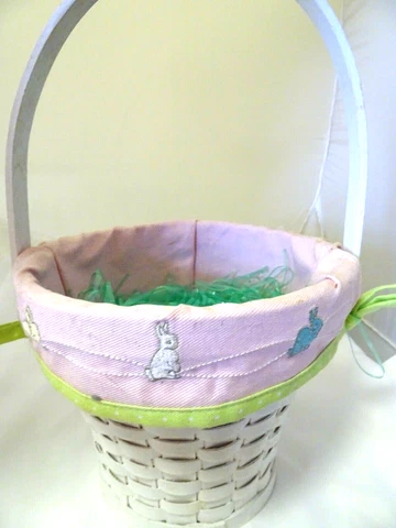 13" Easter Basket WoodenWicker Tall Handle White  w. Filler  & Embroidered Liner Cover