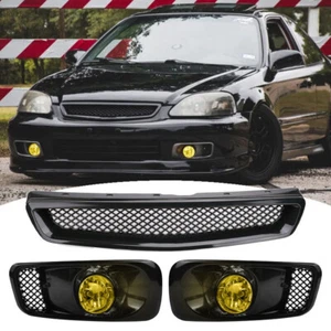 For 1999-2000 Honda Civic Front Bumper Halogen Fog Lights Lamp&Grille Grill 3PCS - Picture 1 of 12