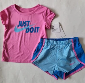 NIKE Girls 2pc shorts Set T-shirt + Shorts Nike LOGO 24M 2T 6 6X Pink Blue - Picture 1 of 12