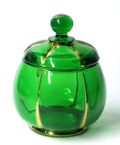 EAPG GRÜN Glas Röntgenmuster ZUCKERDOSE mit Deckel FLUSSSEITE antik 1896 mit Gold - Bild 1 von 5