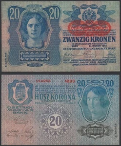 Austria 20 kronen 1913 1919 DÖ Overprint P53a(1) Blk 1203 aVF/XF - Picture 1 of 8