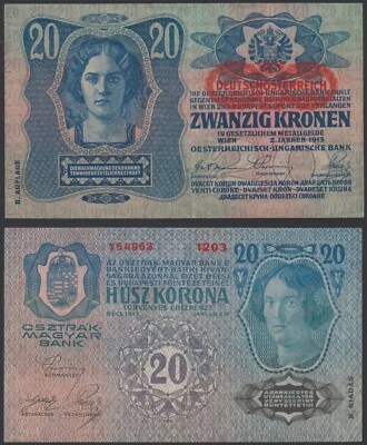 Austria 20 kronen 1913 1919 DÖ Overprint P53a(1) Blk 1203 aVF/XF - Image 1 of 4