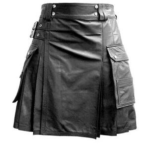 Men Black Leather Gladiator Pleated Utility Kilt Flat Front Twin Cargo Pockets - Picture 1 of 4