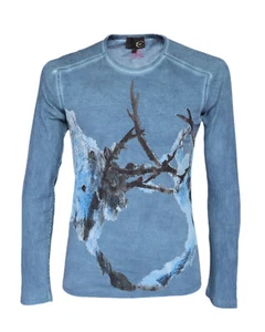 NWT JUST CAVALLI SWEATSHIRT light blue cotton leather deers luxury Italy 46 XS - Picture 1 of 3