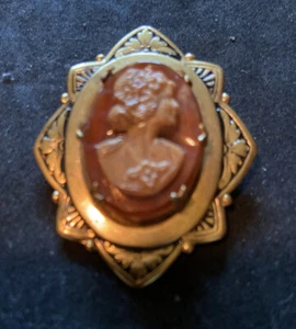 Vintage Zelluloid Kamee Pin Kunst Kamee goldfarben Rahmen frühes Kostüm Schmuck - Bild 1 von 8