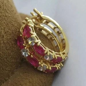 2.00Ct Lab Created Ruby & Diamond Huggie Hoop Earrings 14K Yellow Gold Plated - Picture 1 of 4