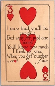 Vintage 1910 PLAYING CARD / Romance Greetings Postcard 3 of HEARTS / Unused - Picture 1 of 2