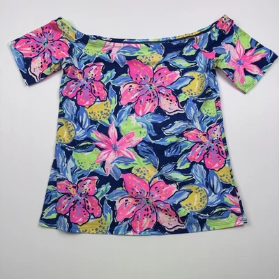 Camisa Lilly Pulitzer Mujer Pequeña Azul Rosa Floral Hombro Descubierto Top Elastizada Foto 1 de 4