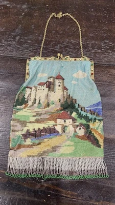 Antique Micro Beaded Bag French Purse Castle Scene Stones Gilt Frame Mosaic - Image 1 of 4