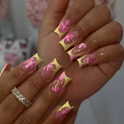 French Fake Nail Glossy Flower Design False Nail,Artificial Nail Glues on Nail - Image 1 of 4