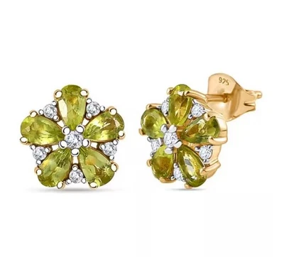 Silver Earrings Peridot Genuine Natural Gems Solid Sterling Gold Coated - Image 1 of 4