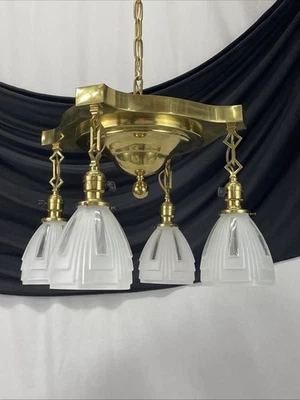 RESTORED Antique Vtg Arts & Crafts Deco Mission Chandelier Brass Pan Light 4 Arm - Image 1 of 4