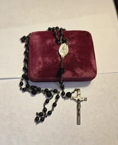 Circa 1900 Traditional Vulcanite & Sterling Silver Rosary Signed HMH w/Box - Picture 1 of 12