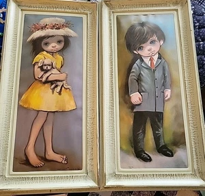 Lot (2) Vintage Ozz Franca Big Eyed Kinder Paar MCM Sad Eyes Original Rahmen - Bild 1 von 8