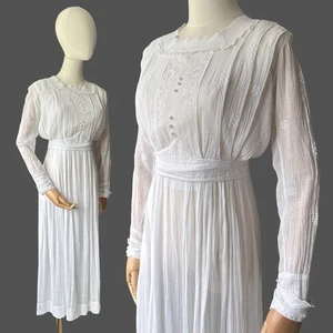 1900's Edwardian Victorian Antique Vintage White Cotton Gauze Lawn Dress Size XS - Picture 1 of 14