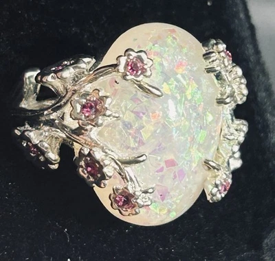 Anillo llamativo de plata con flor de manzano de ópalo talla 6 Foto 1 de 4