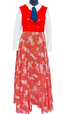 Vintage 1970s red white blue maxi dress, shirt vest long sleeve military collar - Image 1 of 4