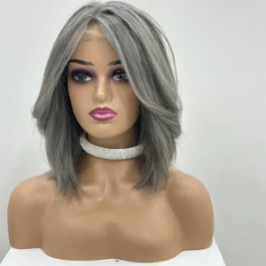 Short Bob Dark Gray Layered Lace Front Human Hair Wigs 180% Density Pre Plucked  - Picture 1 of 8