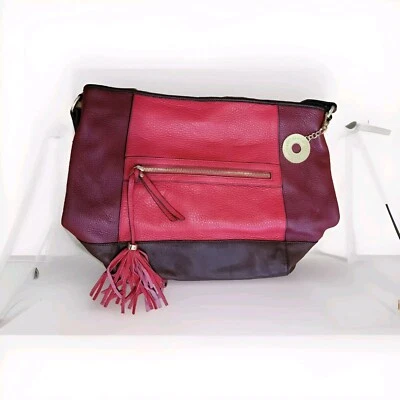Isaac Mizrahi 大号单肩包 卵石纹皮革 红色 金色 红色 流苏 — 第 1/4 张图片