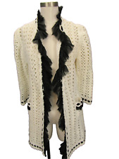 Authentic CHANEL White Knit Crochet Black Silk Organza Trim Long Sweater Coat 42