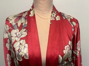 Vintage S-XL Japanese 100% Silk Kimono Red Rose Floral Robe One Size Boho VTG - Picture 1 of 15