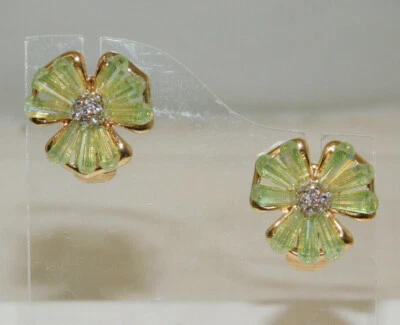 NWT Verde Baguette Cristal Rhinestone Clip De Flor Botón De Oro Pendientes K1 - Imagen 1 de 4