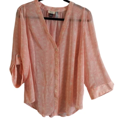 Misoka x A Pea in the Pod | Coral & White Spotted Semi-Sheer Button-Up Blouse - Image 1 of 4