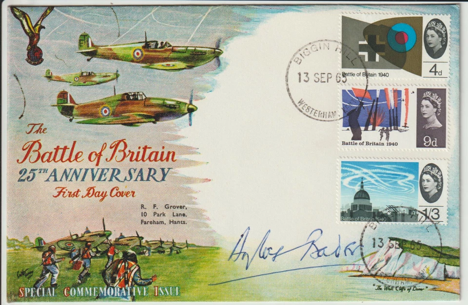 DOUGLAS BADER - SIGNED - 1965 "SPITFIRE B.O.B" ENVELOPE - RARE - Image 1 of 1