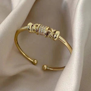 Gold Bangle Ball Open Torque Bangle for Women with Cubic Zirconia Bracelet - Picture 1 of 15