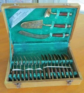 Vintage Thailand Siam Gold Bronze Rosewood Dessert Serving Set of 19 with Chest - Picture 1 of 12