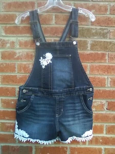 JORDACHE Girls XL(14-16) Blue Jean Denim Bib Shorts White Floral Fringe Applique - Picture 1 of 8