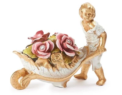 Figurine Boy With Wheelbarrow of Rose Porcelain Capodimonte Gold Foil new - Image 1 of 4