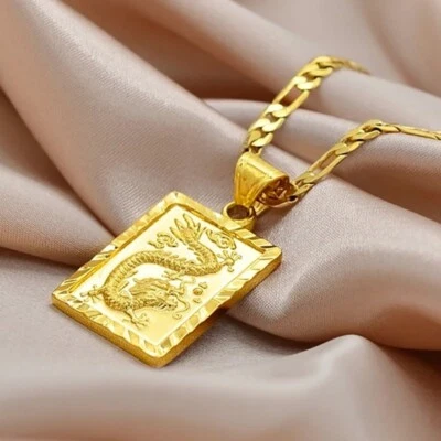 24k Gold Filled Over Brass 30" Cuban Figaro Dragon Pendant Necklace D451 - Image 1 of 4
