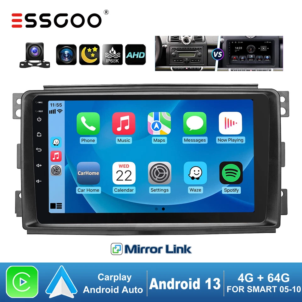 64G Android 13 Auto CarPlay Autoradio GPS RDS Kamera Für Smart Fortwo 451 05-10 - Bild 1 von 4
