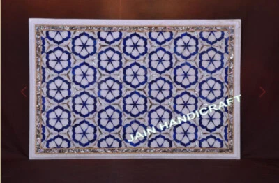 30"x20" antique white marble sofa dining table Top inlay pietra dura lapis decor - Image 1 of 4