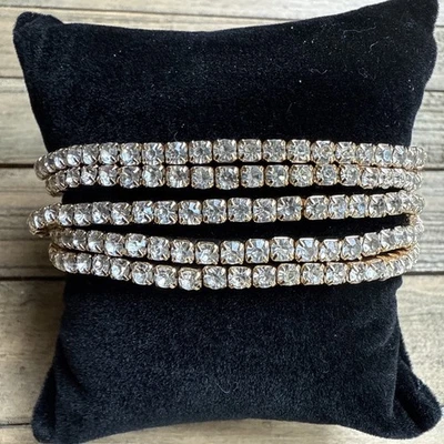 J.Crew Set of 5 Stretch Rhinestone Bracelets Crystal Gold Tone Stackable Jewelry - Image 1 of 4
