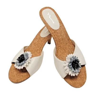 Sapatos NINA Feminino BRANCO Slide On Sandel Mules Solas de Cortiça FLOR Acento tamanho 8m - Imagem 1 de 4