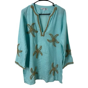 Top túnica Barbara Gerwit L estrellas de mar con cuentas 100 % lino azul aguamarina resort playa - Imagen 1 de 5
