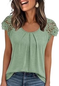 Top donna pizzo plissettato maniche corte camicie estate business casual camicetta elegante - Foto 1 di 11