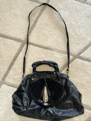 Vintage Aviva Croc Embossed Black Leather Suede Doctor Bag Handbag Shoulder USA - Photo 1/4